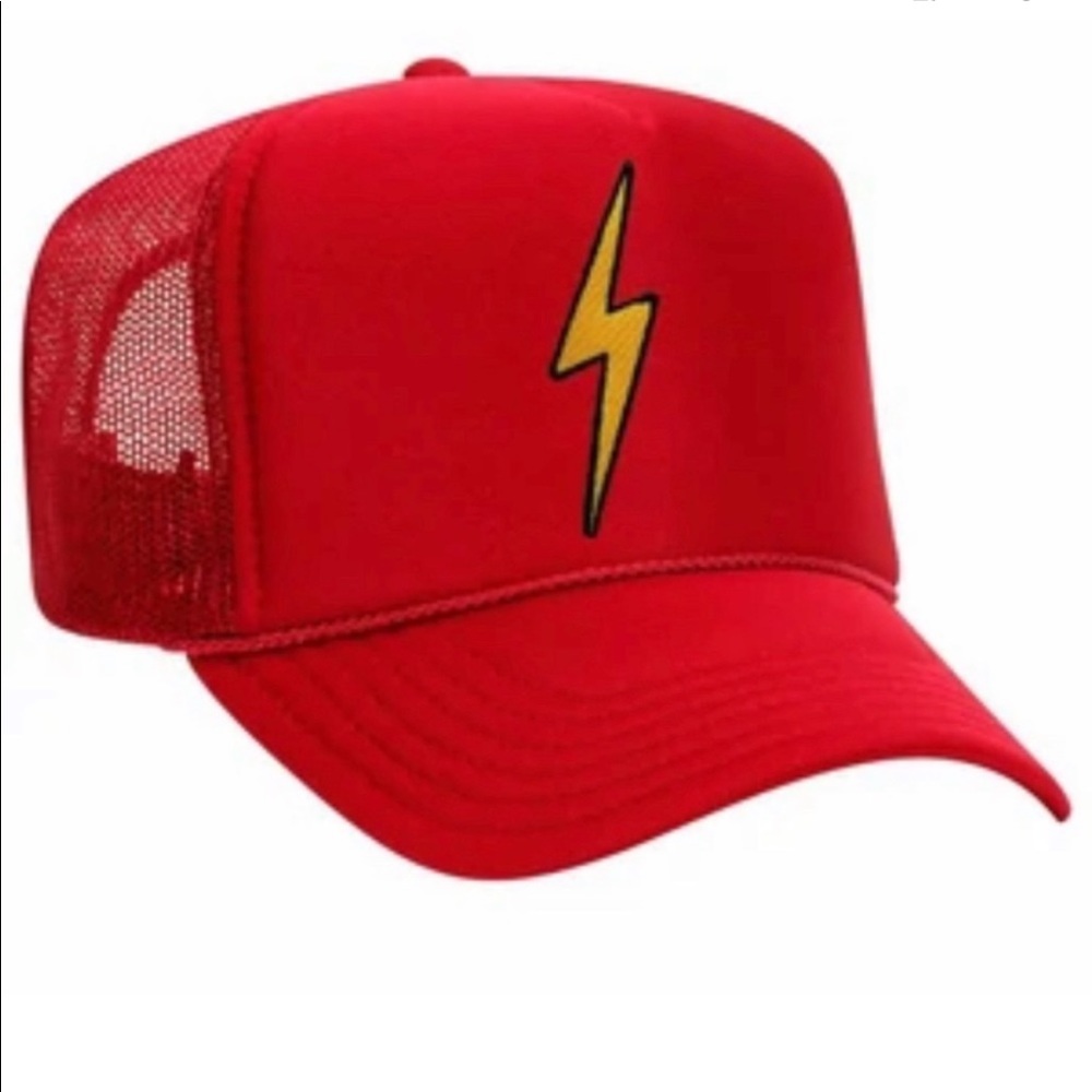 Aviator Nation Red Trucker Hat with Yellow Lightning Bolt